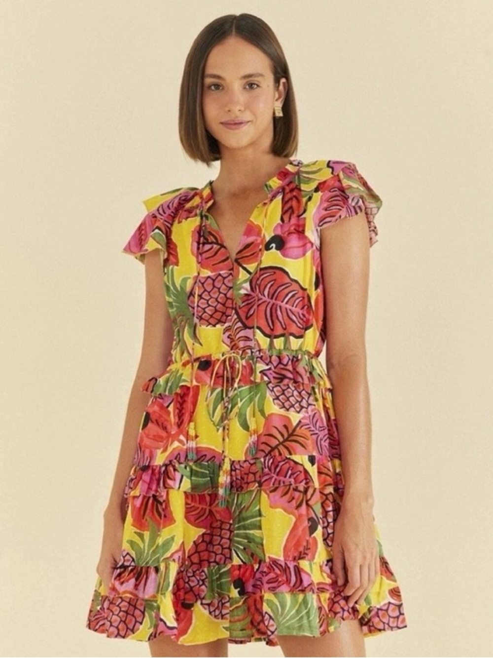 FARM Rio YELLOW FRUIT DREAM RUFFLE MINI DRESS - Picture 3 of 6